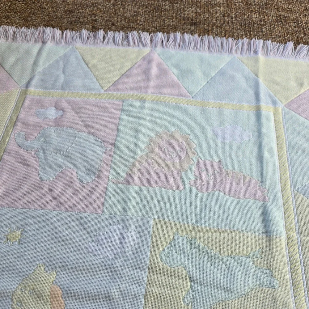 Woven Baby Blanket Pastel Safari Animal Fringe Trim Throw